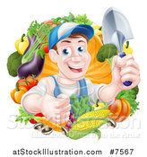 Vector Illustration of a Middle Aged Brunette White Male Gardener in Blue, Holding up a Shovel and Giving a Thumb up in a Wreath of Produce by AtStockIllustration