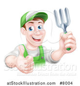 Vector Illustration of a Middle Aged Brunette White Male Gardener in Green, Holding a Garden Fork and Thumb up by AtStockIllustration