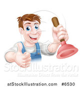 Vector Illustration of a Middle Aged Brunette White Male Plumber Holding a Thumb up and a Plunger by AtStockIllustration