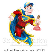 Vector Illustration of a Middle Aged Brunette White Male Plumber Super Hero Running with a Plunger by AtStockIllustration