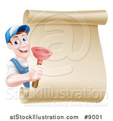 Vector Illustration of a Middle Aged Brunette White Male Plumber Wearing a Baseball Cap, Holding a Plunger Around a Scroll Sign by AtStockIllustration