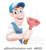 Vector Illustration of a Middle Aged Brunette White Male Plumber Wearing a Baseball Cap, Holding a Plunger Around a Sign by AtStockIllustration