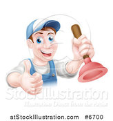 Vector Illustration of a Middle Aged Brunette White Male Plumber Wearing a Baseball Cap, Holding a Thumb up and a Plunger by AtStockIllustration