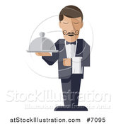 Vector Illustration of a Modern Design Male Waiter with a Curling Mustache, Holding a Cloth Napkin and Cloche Platter by AtStockIllustration