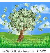 Vector Illustration of a Money Tree with Cash Falling off in a Hilly Landscape with a Sunrise by AtStockIllustration