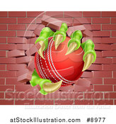 Vector Illustration of a Monster Claws Holding a Cricket Ball and Breaking Through a Brick Wall by AtStockIllustration