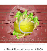 Vector Illustration of a Monster Claws Holding a Tennis Ball and Breaking Through a Brick Wall by AtStockIllustration