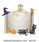 Vector Illustration of a Mummy over a Halloween Scroll Sign Black Cats and Pumpkins by AtStockIllustration