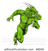 Vector Illustration of a Muscular Aggressive Green Dragon Man Mascot Sprinting Upright by AtStockIllustration