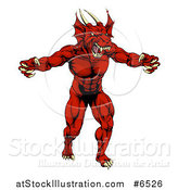 Vector Illustration of a Muscular Aggressive Red Dragon Man Mascot Walking Upright by AtStockIllustration