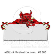 Vector Illustration of a Muscular Aggressive Red Welsh Dragon Man Mascot Holding a Blank Sign by AtStockIllustration