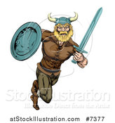 Vector Illustration of a Muscular Blond Viking Warrior Sprinting with a Sword and Shield by AtStockIllustration