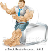 Vector Illustration of a Muscular Body Builder Businessman Bulging out of His Clothes and Gesturing with His Hands While Leaning Against a Cube by AtStockIllustration