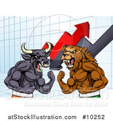 Vector Illustration of a Muscular Brown Bear Man and Angry Bull Ready to Fight over a Graph with Arrows by AtStockIllustration