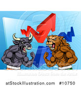 Vector Illustration of a Muscular Brown Bear Man and Bull Ready to Fight over a Graph with Arrows by AtStockIllustration