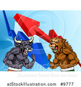 Vector Illustration of a Muscular Brown Bear Man and Bull Ready to Fight over a Graph with Arrows by AtStockIllustration