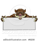 Vector Illustration of a Muscular Brown Razorback Boar Mascot Holding a Blank Sign by AtStockIllustration
