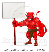 Vector Illustration of a Muscular Devil Holding a Blank Sign by AtStockIllustration