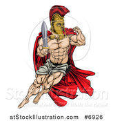 Vector Illustration of a Muscular Gladiator Man in a Helmet Fighting with a Sword and Holding up a Fist by AtStockIllustration