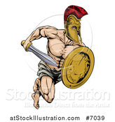 Vector Illustration of a Muscular Gladiator Man in a Helmet Sprinting with a Sword and Golden Shield by AtStockIllustration