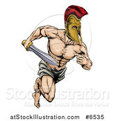 Vector Illustration of a Muscular Gladiator Man in a Helmet Sprinting with a Sword by AtStockIllustration