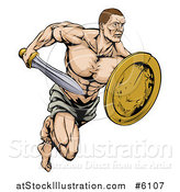 Vector Illustration of a Muscular Gladiator Running with a Sword and Shield by AtStockIllustration