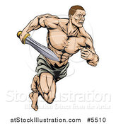 Vector Illustration of a Muscular Gladiator Running with a Sword by AtStockIllustration