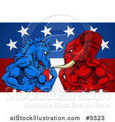 Vector Illustration of a Muscular Political Aggressive Democratic Donkey or Horse and Republican Elephant Battling over an American Flag and Burst by AtStockIllustration