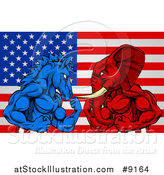 Vector Illustration of a Muscular Political Aggressive Democratic Donkey or Horse and Republican Elephant Battling over an American Flag by AtStockIllustration