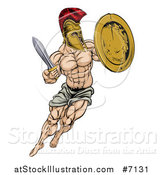 Vector Illustration of a Muscular Spartan Man in a Helmet Fighting and Jumping with a Sword and Shield by AtStockIllustration