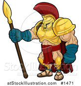 Vector Illustration of a Muscular Spartan or Trojan Gladiator Warrior in Golden Armor, Standing with a Spear by AtStockIllustration