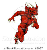 Vector Illustration of a Muscular Vicious Red Dragon Man Mascot Running Upright by AtStockIllustration