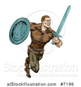 Vector Illustration of a Muscular Viking Warrior Sprinting with a Sword and Shield by AtStockIllustration