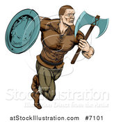 Vector Illustration of a Muscular Viking Warrior Sprinting with an Axe and Shield by AtStockIllustration