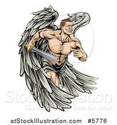 Vector Illustration of a Muscular Warrior Angel Running with a Sword by AtStockIllustration