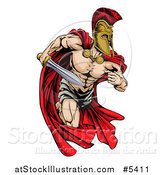 Vector Illustration of a Musular Spartan Trojan Warrior Mascot Running with a Sword by AtStockIllustration