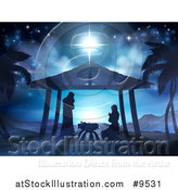 Vector Illustration of a Nativity Scene of Mary and Joseph Praying over Baby Jesus, with Palm Trees by AtStockIllustration