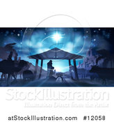 Vector Illustration of a Nativity Scene with Animals, Wise Men, the City of Bethlehem and Star of David by AtStockIllustration