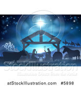 Vector Illustration of a Nativity Scene with the Animals and Wise Men in the Distance and the City of Bethlehem by AtStockIllustration
