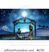 Vector Illustration of a Nativity Scene with the Animals and Wise Men in the Distance and the City of Bethlehem, Mary and Joseph Praying in the Manger by AtStockIllustration