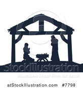 Vector Illustration of a Navy Blue Silhouette of Mary and Joseph Praying over Baby Jesus in a Manger by AtStockIllustration