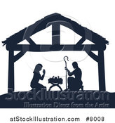 Vector Illustration of a Navy Blue Silhouetted Mary and Joseph Praying over Baby Jesus in a Manger by AtStockIllustration