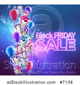Vector Illustration of a Neon Black Friday Sale Text with 3d Party Balloons and Floating Gifts on Blue by AtStockIllustration
