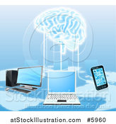 Vector Illustration of a Network of Laptops, Cell Phones, and Computers Connected to a 3d Brain by AtStockIllustration