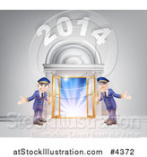 Vector Illustration of a New Year 2014 Venue Entrance with a VIP Red Carpet and Welcoming Friendly Doormen by AtStockIllustration