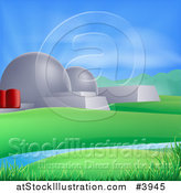 Vector Illustration of a Nuclear Power Plant in a Green Landscape with Sun Rays by AtStockIllustration