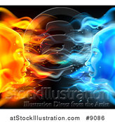 Vector Illustration of a Opposite Profiled Fire and Ice Female Faces on Black by AtStockIllustration