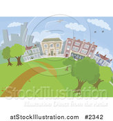 Vector Illustration of a Path Leading Through a City Park with Buildings in the Background by AtStockIllustration