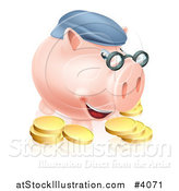 Vector Illustration of a Pension Piggy Bank with Glasses a Hat and Gold Coins by AtStockIllustration