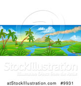 Vector Illustration of a Perhistoric Jurassic Landscape with a Smoking Volcano by AtStockIllustration